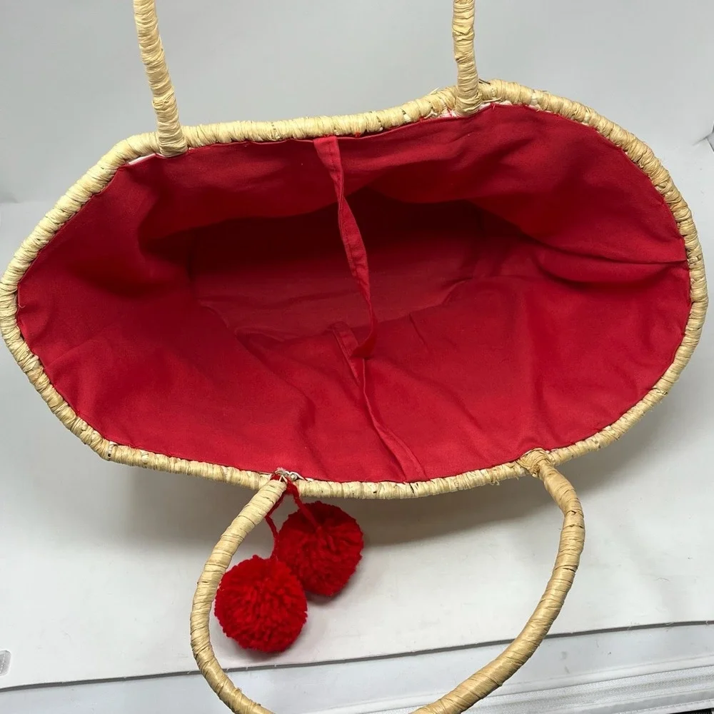 Straw Tote Bag Womens Large Raffia Hello Embroidery Pom Pom Tassel Beach Resort‎
